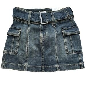 SO High Rise Belted Utility Blue Denim Mini Skirt Juniors Size 3 Vintage Style